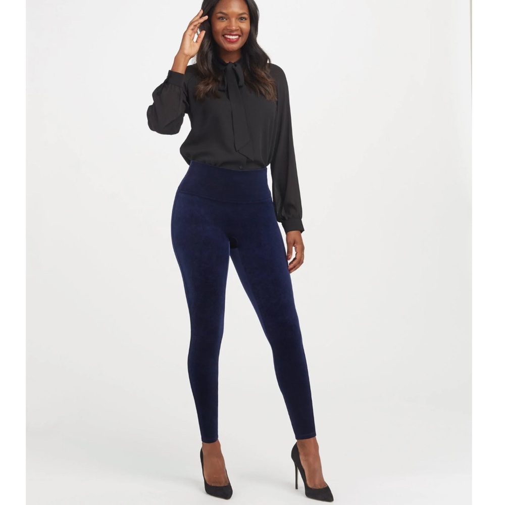 Spanx Velvet High-Waisted Leggings in Deep Blue